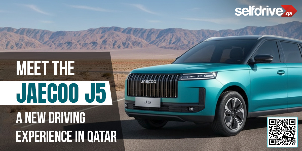 SelfDrive promotional banner featuring teal Jaecoo J5 SUV on desert road with mountains, text "Meet the Jaecoo J5: A New Driving Experience in Qatar," SelfDrive logo, and QR codes. â€‹
